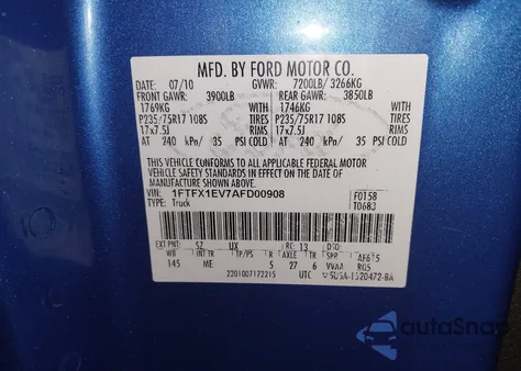 2010 Ford F-150 Fx4/Lariat/Xl/Xlt из США, поврежденный, VIN 1FTFX1EV7AFD00908